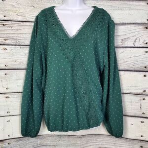 Green Lace Trim Surplice V-Neck Blouse Size 2XL